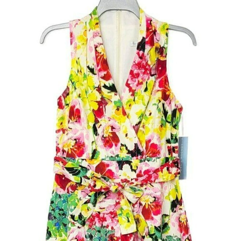 New!  London Times Women's Cotton Blend Floral Belted Fit & Flare Midi Dress - Picture 5 of 8